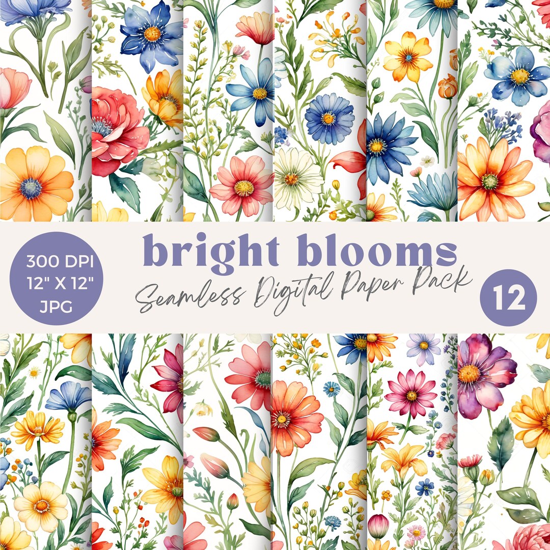 Bright Blooms Floral Digital Papers Seamless Patterns JPG, Bright ...
