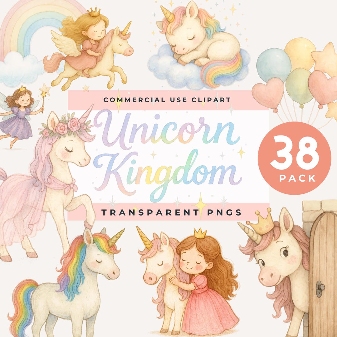 Rainbow Unicorn Watercolor Clipart, Castle Clip Art, Pink Unicorn With ...