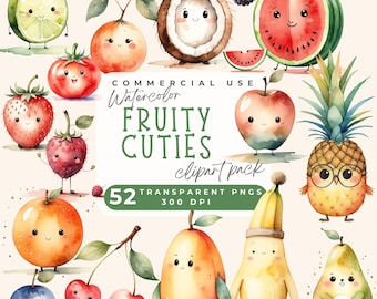 Funny fruit clipart, Cute fruit clipart, Whimsical fruit PNG, Cute Cartoon Kawaii fruit png, Tropical fruits, Summer clipart, Boho nursery