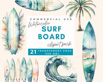 Surf Board Clipart watercolor Beach Waves, Surf Clipart Bundle, Surfboard PNG, Palm Trees Clipart, Ocean Clipart Summer PNG Surfing Wall Art