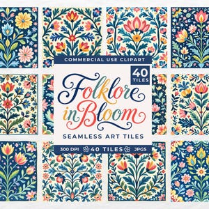 May include: A collection of seamless art tiles with floral designs in various colors, including blue, yellow, pink, and orange. The text "Folklore in Bloom" is displayed, along with details about the clipart.