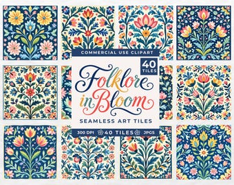 Scandinavian Folk Art Graphics, Floral Folk Art Clipart, Folk Flower Clipart, Folk Floral Seamless Pattern, Folk Art Tile JPG