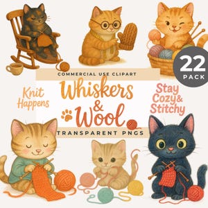 Cat Knitting Clipart, Knitting Cats PNG Bundle, Cute Knitting Cat Clip Art, Yarn and Wool Word Art, Cozy Crafting Cat Kitten Illustrations