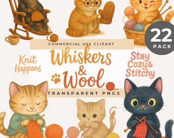 Cat Knitting Clipart, Knitting Cats PNG Bundle, Cute Knitting Cat Clip Art, Yarn and Wool Word Art, Cozy Crafting Cat Kitten Illustrations
