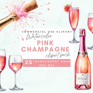 Clipart di vetro di Champagne dell'acquerello rosa, Clipart di celebrazioni di Champagne rosa, Prosecco rosa uso commerciale Clipart di vetro di vino compleanno rosa