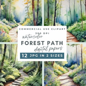 Watercolor Forest Path Clipart JPG, Watercolor Forest path digital paper, Forest Digital backdrops, Hiking Trail, Junk Journal, Scrapbooking