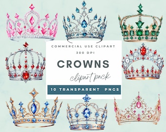 Crowns Watercolor Clip Art, Commercial Use, Transparent PNGs, Royal Crown Clipart, Princess Tiaras, King, Queen, Prince, Gold, Colorful pngs
