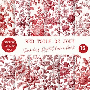 Könnte beinhalten: Ein digitales Papierpaket mit 12 nahtlosen Mustern mit roten floralen Toile de Jouy-Designs auf weißem Hintergrund. Der Text lautet RED TOILE DE JOUY, Seamless Digital Paper Pack, 300 DPI, 12" x 12" und JPG. Die Muster zeigen verschiedene botanische Motive.