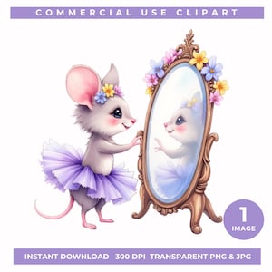 Może przedstawiać: Kapryśna ilustracja myszy w fioletowej tutu, podziwiającej się w ozdobnym lustrze ozdobionym kwiatami. Mysz nosi wianek z kwiatów. Tekst na górze brzmi "COMMERCIAL USE CLIPART".