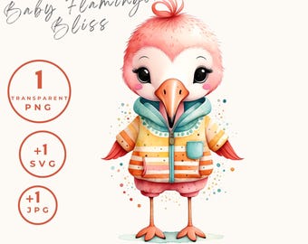 Flamingo Watercolor Clipart, Baby Flamingo Clipart, Cute Whimsical baby flamingo PNG, Pink flamingo Clipart, Card making, Flamingo Nursery