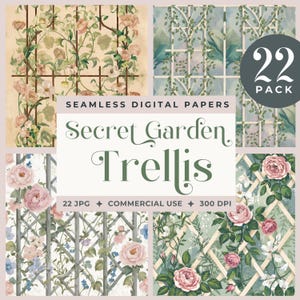 Może przedstawiać: Pakiet papierów cyfrowych z 22 wzorami bez szwów przedstawiającymi kratę z pnącymi winoroślami i różowymi różami. Tekst "Secret Garden Trellis" znajduje się w środku obrazu. Tekst "22 JPG, COMMERCIAL USE, 300 DPI" znajduje się pod tytułem.