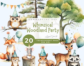Woodland Animals Birthday Party Clipart, Whimsical Forest Animals PNG, Cute Animal Clip Art, Woodland Creatures Birthday Art for invitations