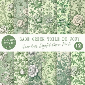 Salbeigrünes Toile Papier, nahtlose Vintage Blumenmuster, French Country Scrapbook Papier, Shabby Chic Hintergründe, Cottagecore Pack
