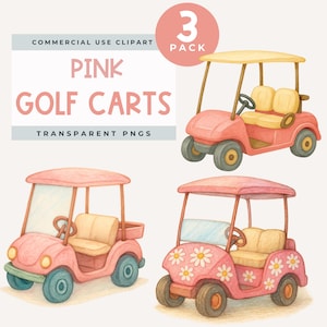 Clipart de carrinho de golfe rosa, PNGs fofos de golfe, Ilustração de veículo em aquarela pastel, Clip Art de carrinho de golfe feminino, Esportes de verão, PNG de golfe rosa