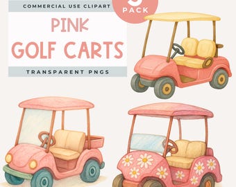 Pink Golf Cart Clipart, Cute Golf PNGs, Watercolor Pastel Vehicle Illustration, Girly Golf Cart Clip Art, Summer Sports, Pink golfing PNG