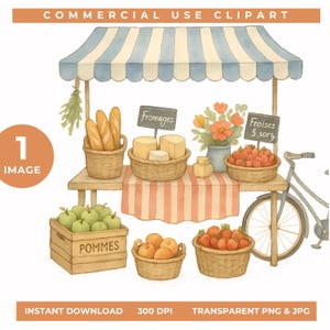 Clipart marché Français, aquarelle fermiers, étal de marché, pied de fleurs cottagecore, clipart campagne rustique, produits frais, jour de marché