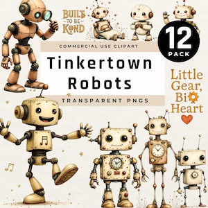 Könnte beinhalten: Eine Sammlung skurriler Roboterillustrationen in verschiedenen Posen und Designs. Die Roboter sind hauptsächlich beige und braun mit metallischen Akzenten, Zahnrädern und Antennen. Das Bild enthält den Text "Tinkertown Robots" und "Commercial Use Clipart."