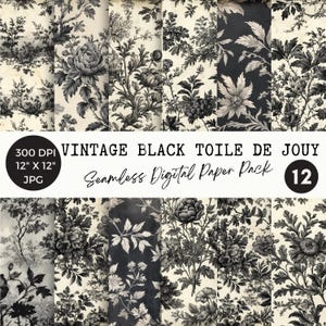 Schwarz Toile de Jouy digitales Papier Pack JPG, Vintage nahtlose Muster, schwarz-weiße französische Toile-Hintergründe, antik gemusterte JPGs