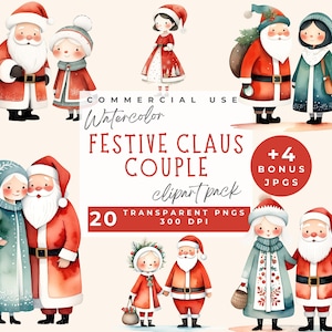 Clipart couple festif, père Noël et Mme Noël, clipart M. et Mme Noël, Noël, amour et romance festive PNG usage commercial