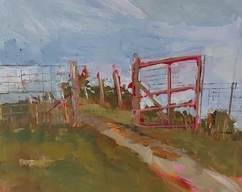 May include: An impressionistic painting of a rural scene. A red gate stands open, leading to a dirt path. A wire fence runs along the side. The sky is a pale blue, and the foreground is green and brown.