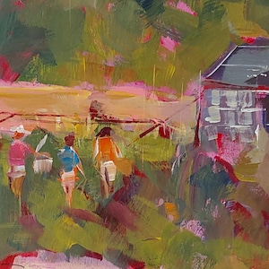 Original abstract acrylic painting of a farm - whimsical farm wall art - framed art - farm landscape art - original garden painting