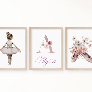 Art mural prénom personnalisé, lot de 3 impressions d&#39;art ballerine, impressions d&#39;art roses pour chambre de bébé, art mural pour chambre de fille, cadeau de baby shower, cadeaux pour filles.