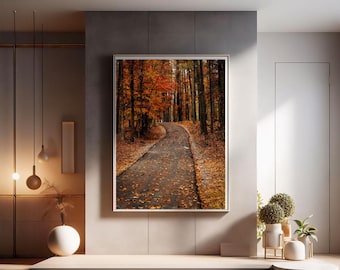 Framed Fall Path Photography Print, Minimalist Autumn Wall Art