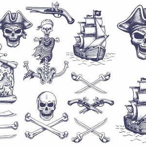 Może przedstawiać: Zestaw czarno-białych ilustracji o tematyce pirackiej. Ilustracje obejmują czaszkę i skrzyżowane kości, statek piracki, mapę skarbu, kapelusz pirata, szkielet i miecz.
