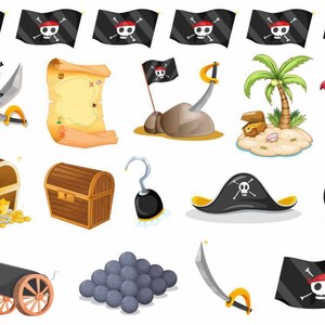 以下が含まれることがあります： 海賊をテーマにしたイラストのコレクション。海賊旗、交差した剣、宝の地図、宝箱、フック、帽子、爆弾、大砲、大砲の弾、サーベル、オウムが含まれています。