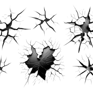 May include: Five different cracked textures, each with a unique pattern of cracks radiating outward from a central point. The cracks are black and the background is white.