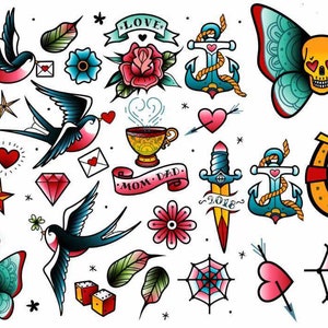 May include: A collection of colorful tattoo flash designs, including swallows, anchors, hearts, daggers, butterflies, a skull, a horseshoe, a spiderweb, and a cup with the words "Mom Dad" on a ribbon.