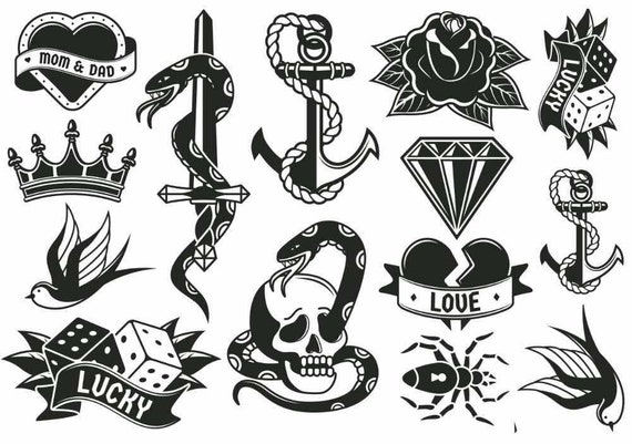 Tatouages Temporaires Noirs Old School – 9 Feuilles Style Américain Vintage, Longue Tenue Pour Hommes & Femmes