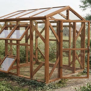 Könnte beinhalten: Ein Gewächshaus aus Holz mit Giebeldach, klaren Glasscheiben und einer Flügeltür. Die Konstruktion verfügt über diagonale Stützbalken, zwei nach oben öffnende Dachfenster und ein seitliches Wandfenster auf einem Steinfundament.
