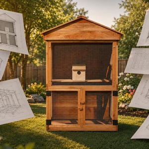 Può includere: Una voliera in legno con tetto a due falde, pannelli in rete metallica e una piccola cassetta nido all'interno. Attorno alla struttura fluttuano diversi fogli di carta bianca che mostrano progetti architettonici e diagrammi tecnici.