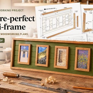Könnte beinhalten: Ein DIY-Holzbearbeitungsprojekt für einen Bilderrahmen für mehrere Fotos, inklusive professioneller Baupläne als PDF. Das Display besteht aus vier rechteckigen Holzrahmen auf einer grünen Platte sowie detaillierten technischen Zeichnungen.