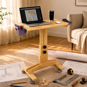 Könnte beinhalten: Ein höhenverstellbarer Rollschreibtisch aus hellem Holz mit einem Laptop, einem schwarzen Becher und einer weißen Computermaus auf der Oberfläche. Ein violetter Aufbewahrungsbehälter mit bunten Stiften ist seitlich angebracht. Zwei schwarze Knöpfe.