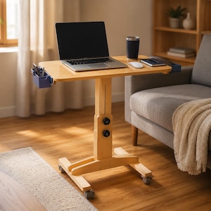 May include: A light-colored wooden rolling laptop desk with an adjustable height central column featuring two black adjustment knobs. The desk includes a blue side storage bin, a flat rectangular surface, and four small wheels at the base for mobility.