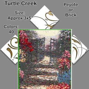 May include: A digital file of a landscape scene with a path leading to a gate, surrounded by flowers. The image is approximately 3x5 inches and has 40 colors. Text includes "Turtle Creek" and "Digital File."