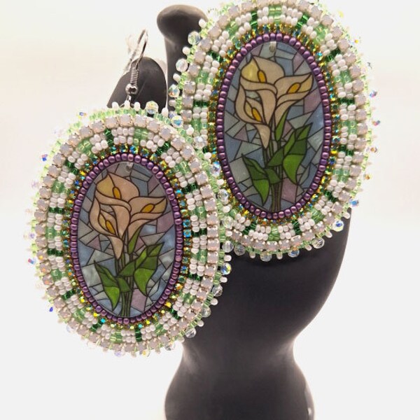 Floral Lilly Beaded OOAK Drop Earrings Gift for mom Gift for Her Crystals Flowers Native American