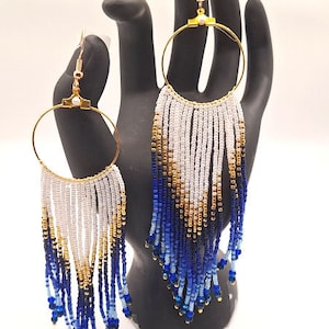 Gold White and Shades of Blue Beaded Earrings Ombre Long Fringe Light Weight Gift For Her  mom Handmade Handwoven Gradient Earring