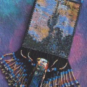 May include: A beaded necklace with a long, rectangular pouch with a blue, gold, and black pattern. The pouch has a fringe of beads in blue, gold, and black.
