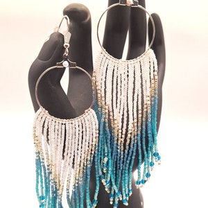 Gold White and Shades of Turquoise Beaded Earrings Ombre Long Fringe Light Weight Gift For Her gift mom Handmade Handwoven Gradient Earrings