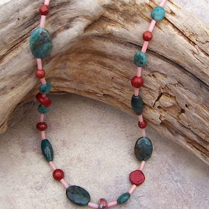 Jade and Coral Gemstone Necklace, Handmade Single Strand Multi-Stone Necklace