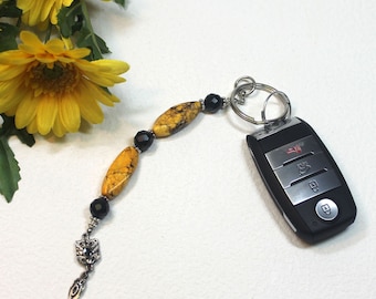 Long Yellow Stone Key Chain, Yellow Turquoise and Black Onyx