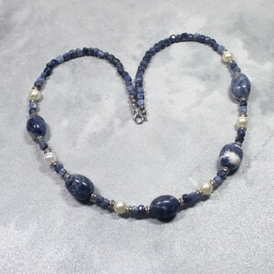 Handmade Sodalite Gemstone Necklace: Blue Stone & Pearl Statement