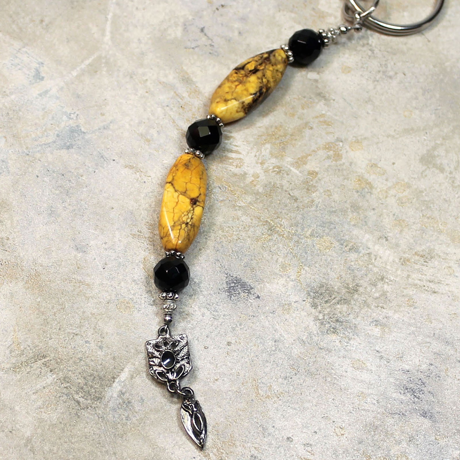 Long Yellow Stone Key Chain, Yellow Turquoise and Black Onyx