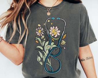 Comfort Colors Floral Stethoscope Shirt - Boho Nurse Tee
