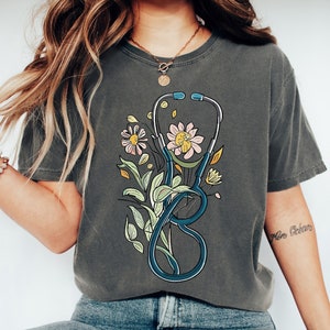 Comfort Colors Floral Stethoscope Shirt - Boho Nurse Tee