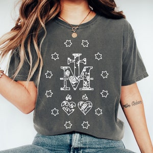 Comfort Colors® Marian Catholic T-Shirt, Virgin Mary Shirt, Womens Catholic Gift, Marian Cross Shirt, Catholic T-shirt, Catholic Graphic Tee