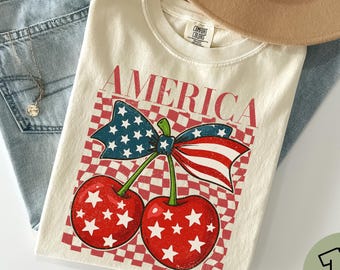 Comfort Colors Patriotic Coquette Tshirt, America 250 Cherry T-Shirt, Checkerboard 4th Of July Tee, 1776 To 2026 T Shirts, 25th Anniversary